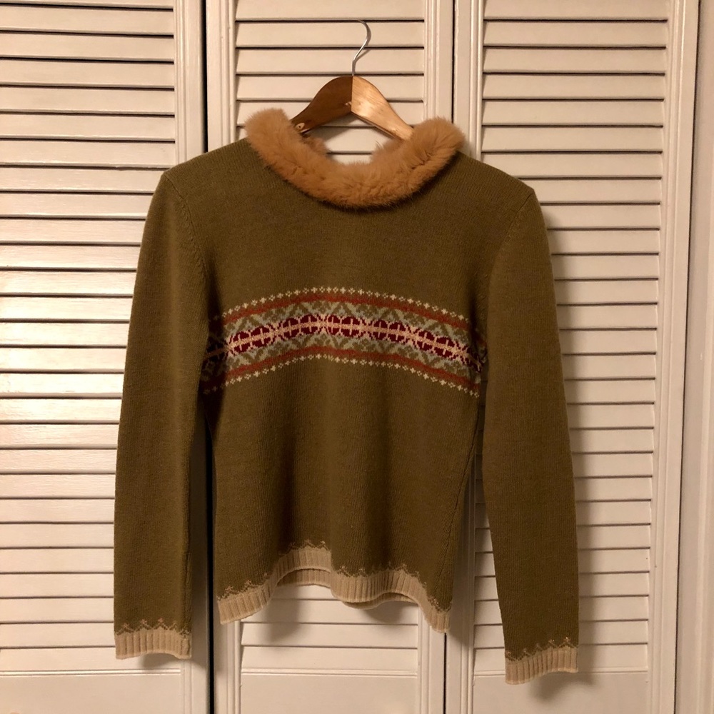 Anthropologie Fair Isle fur collar green sweater